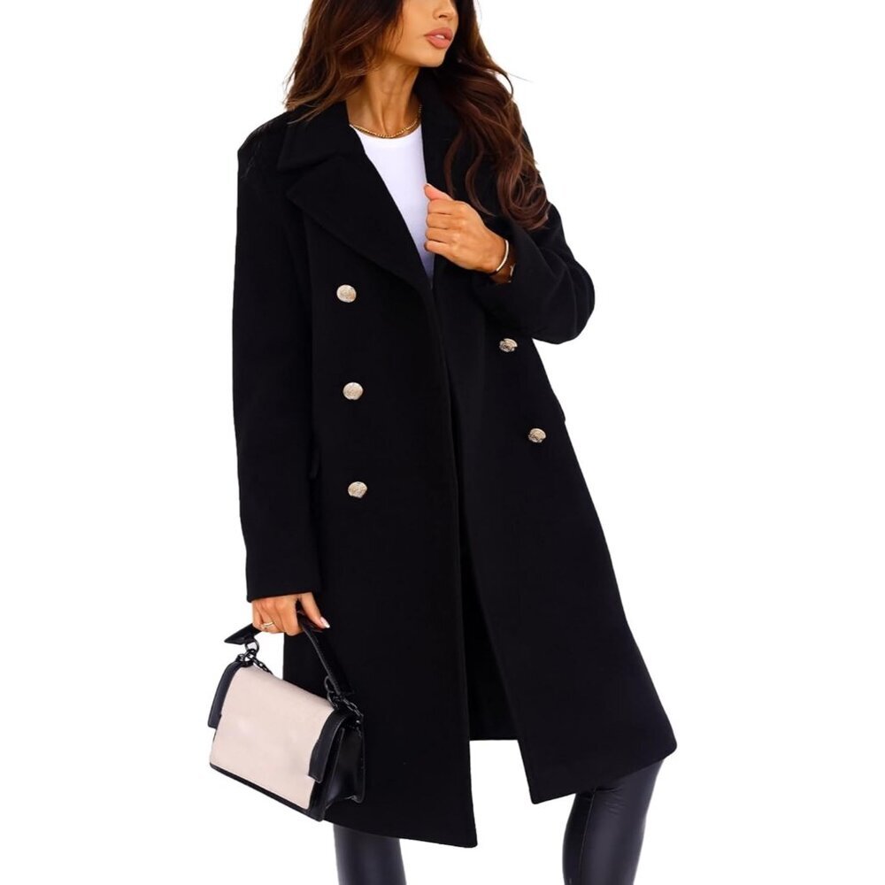 Women's Black Wool Blend Trench Coat Long Sleeve Double Breasted Winter Overcoat